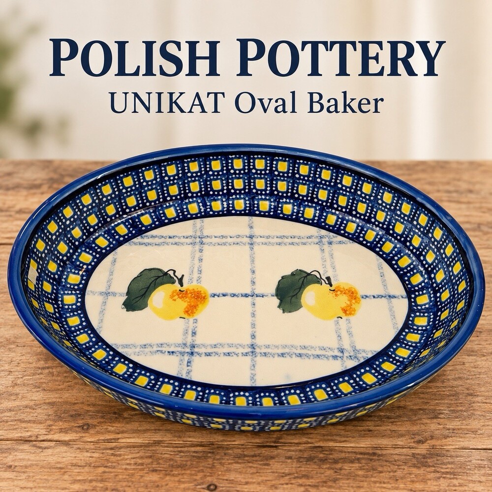 Manufaktura Polish Pottery UNIKAT Oval Baker 10.75” Yellow Fruit Blue Bolesl